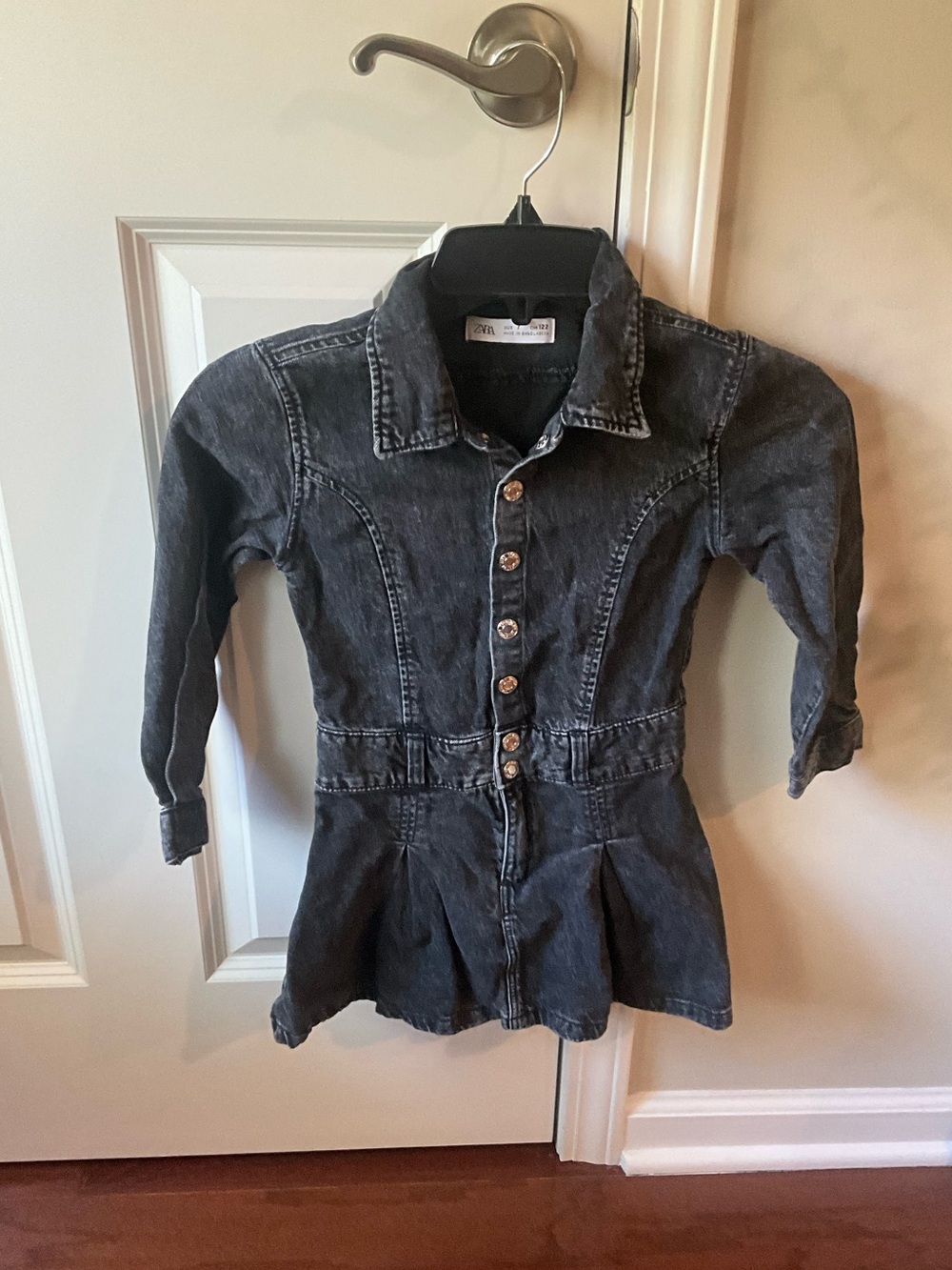Zara Kids Washed Black Denim Button-Up Peplum Dress  Size 7